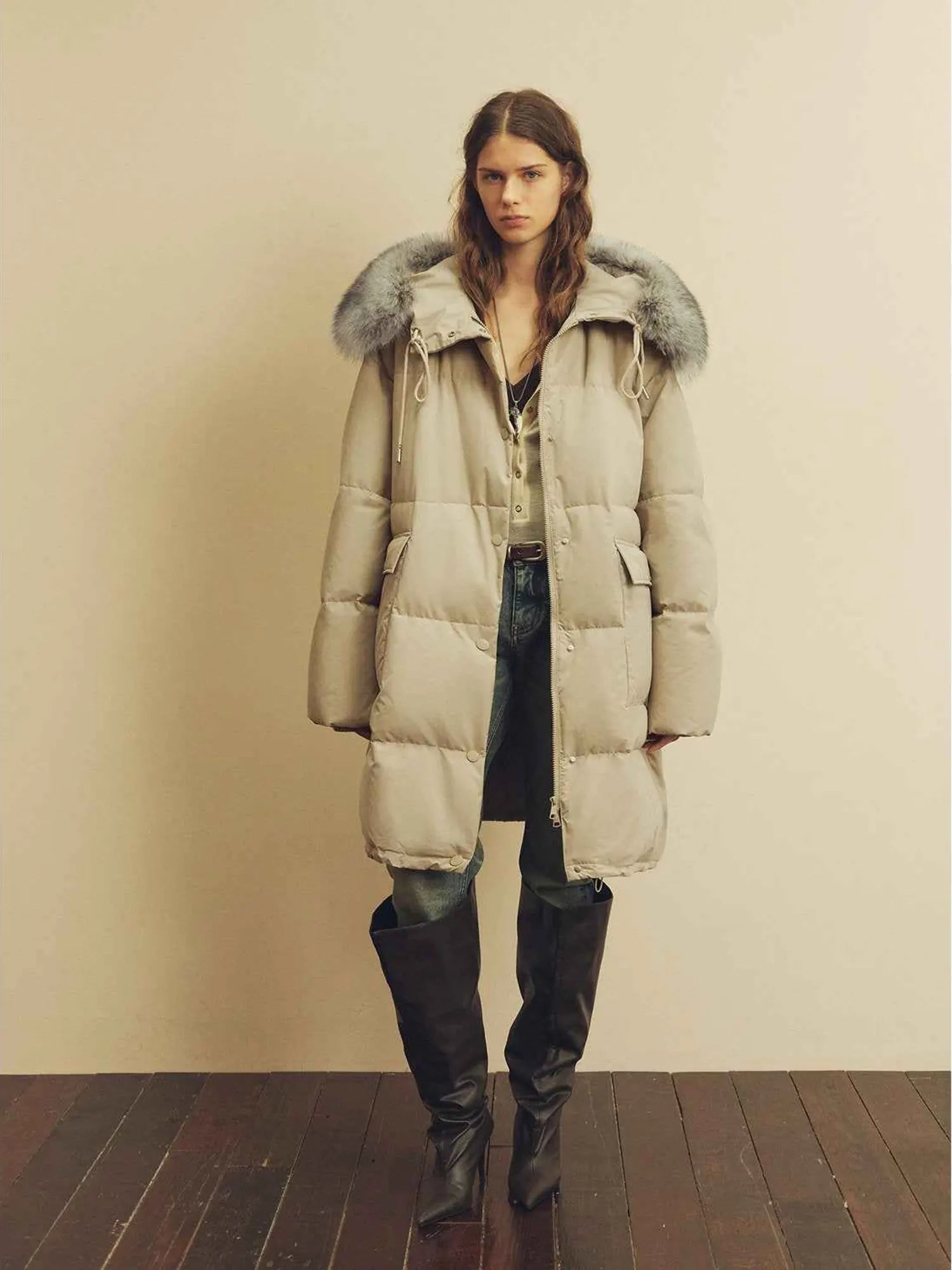 Firelady Fur Blue Winter Style light apricot down parka full-body model view with fox fur collar