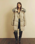 Firelady Fur Blue Winter Style light apricot down parka full-body model view with fox fur collar