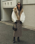 Street styling of Firelady Fur Epoch Winter white fur collar parka with long skirt