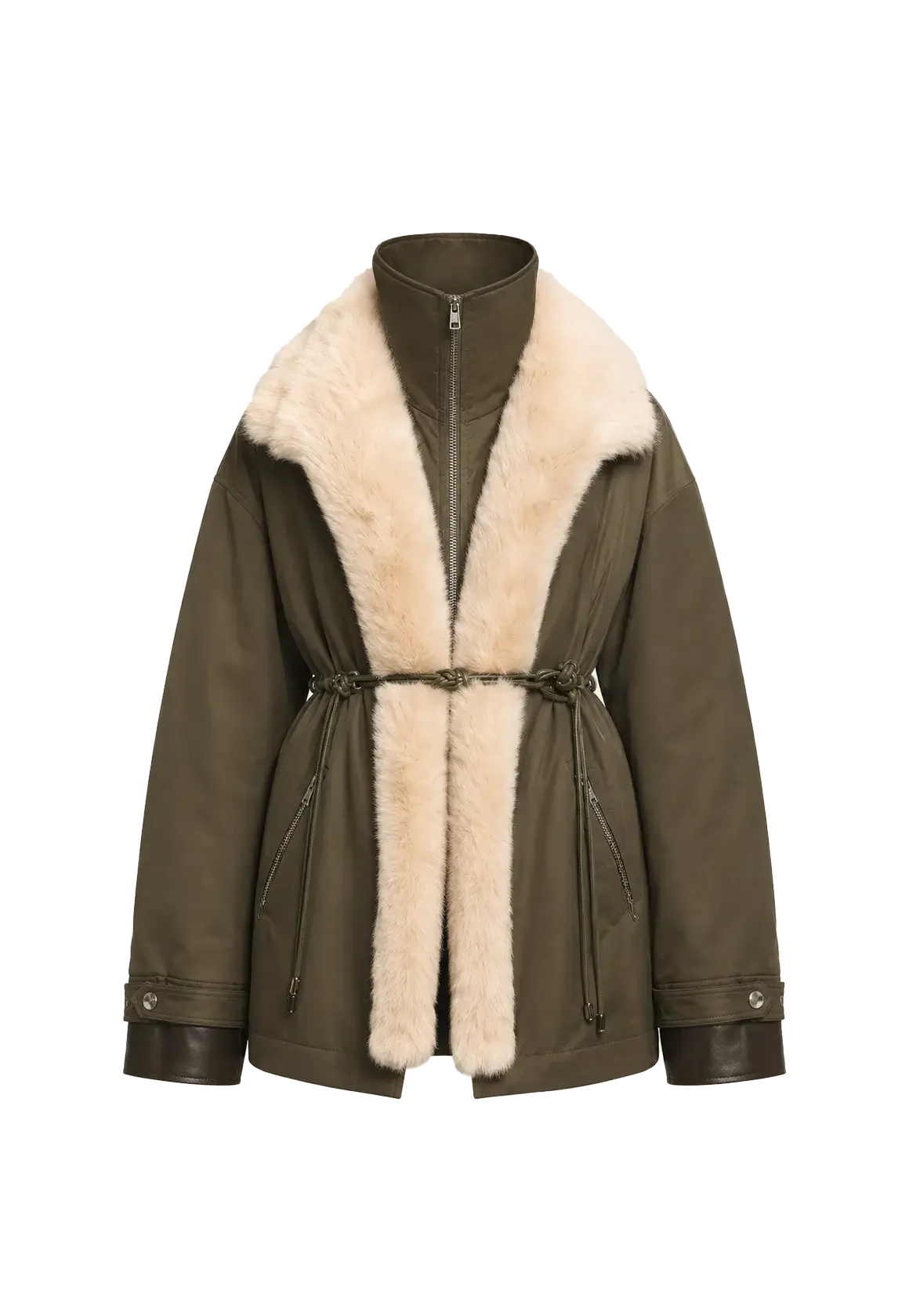Firelady Fur The Wizard of Oz military green Toscana shearling lined parka jacket cutout