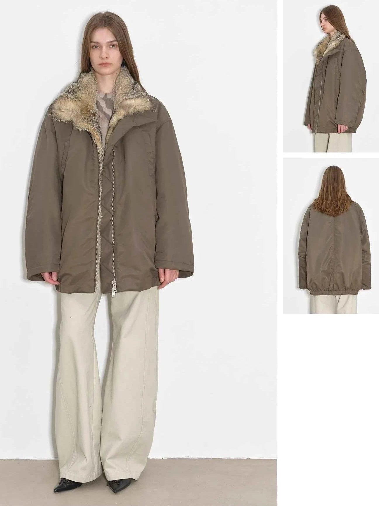 Fireladyfur Travel Notes sand green down jacket multi-view collage showing front side and back