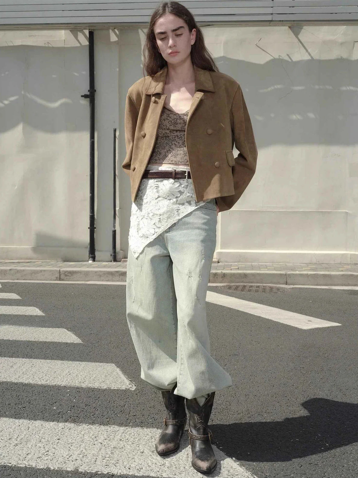 Nth power sand brown suede leather jacket outdoor styling