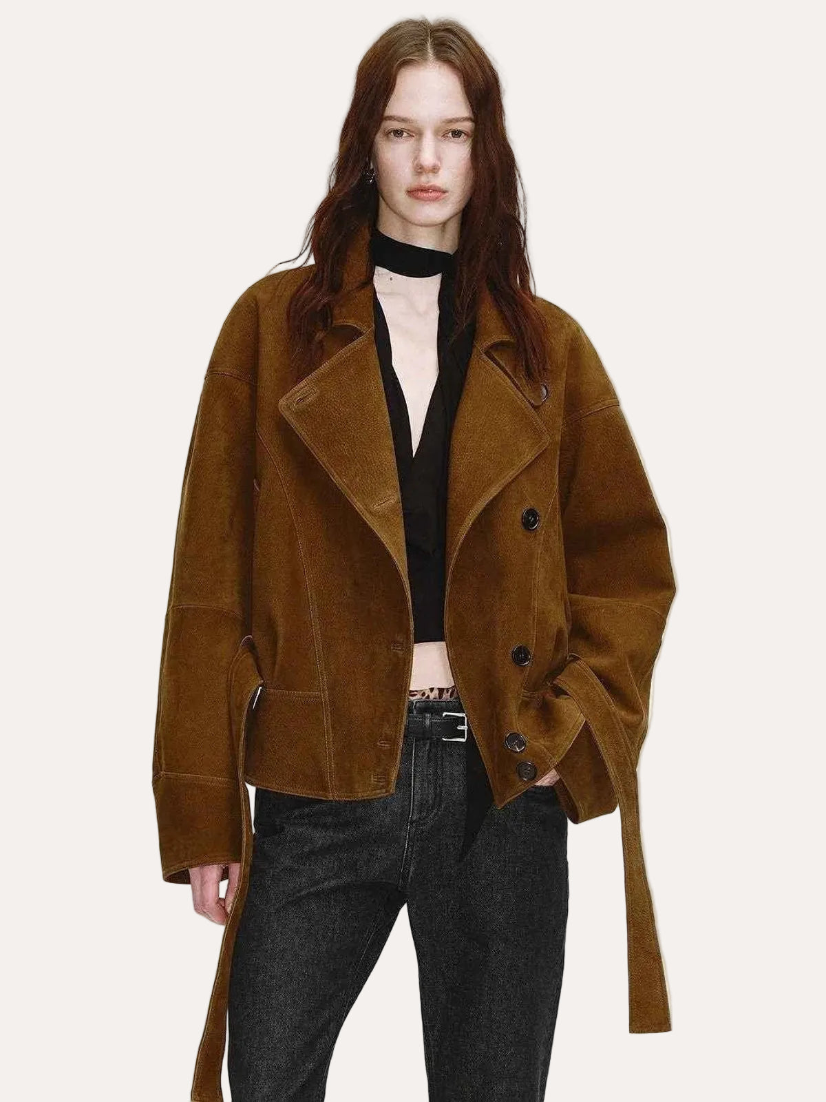 Firelady Fur Women's Waxed Sheepskin Biker Coat - Belted Asymmetric Lapel "Peninsula Black Tea" - variant_title