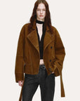 Firelady Fur Women's Waxed Sheepskin Biker Coat - Belted Asymmetric Lapel "Peninsula Black Tea" - variant_title