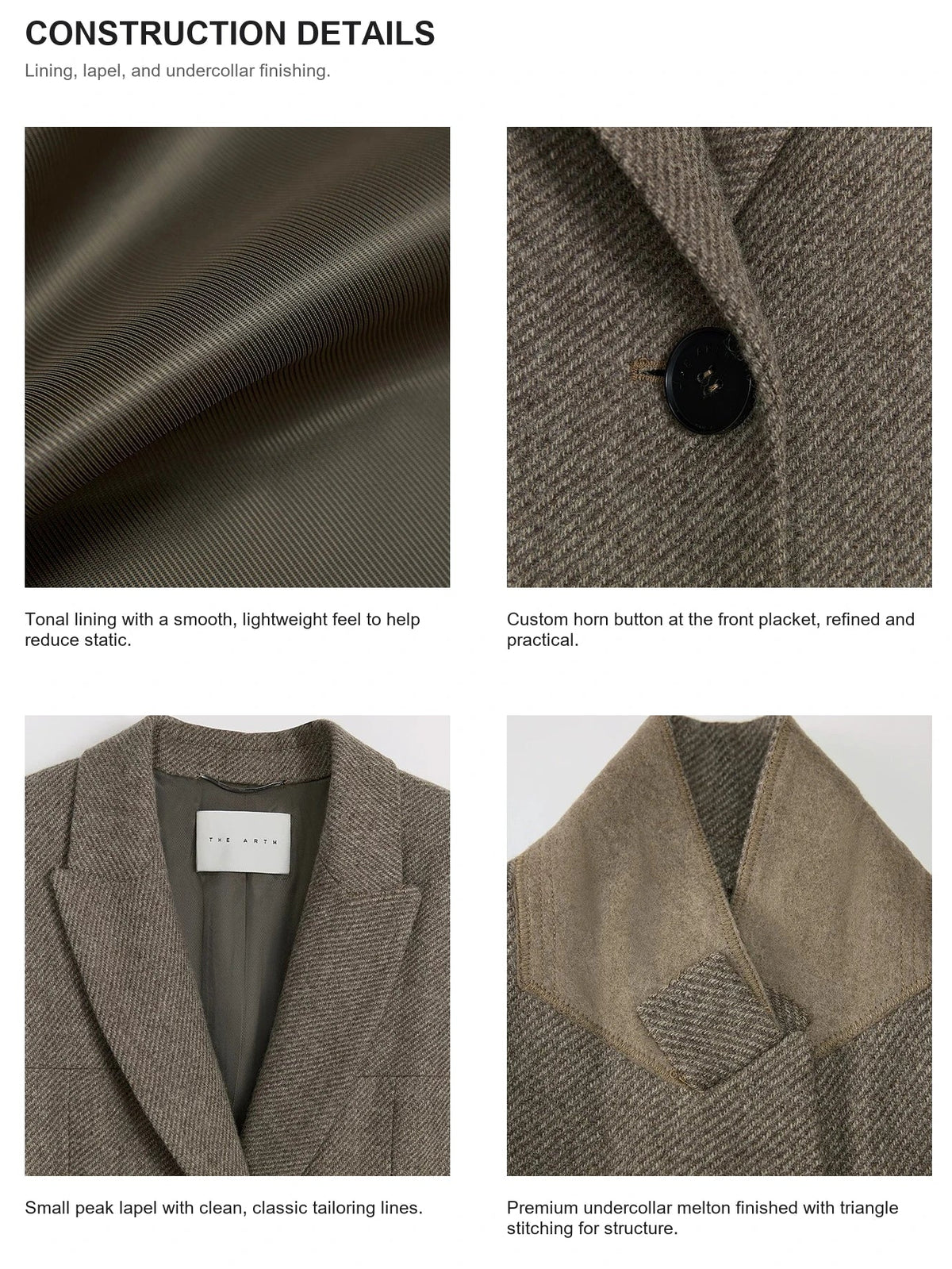 Color-matched lining and peak lapel details on THE ARTM wool coat