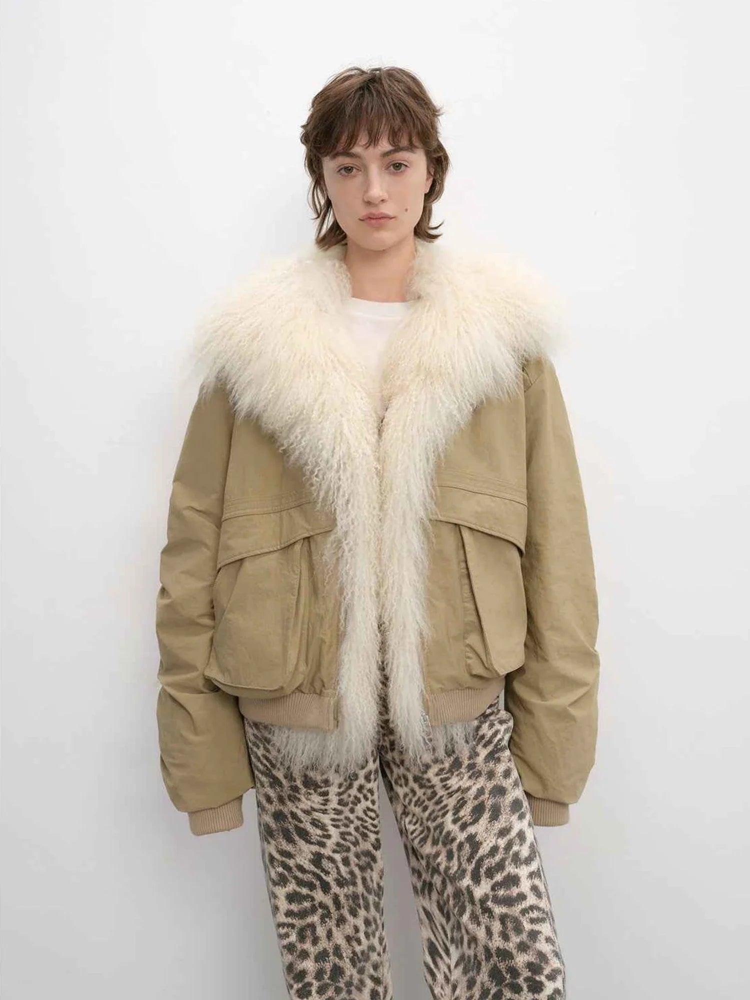 Khaki Fireladyfur Winter is Coming detachable fur collar warm down parka front model view