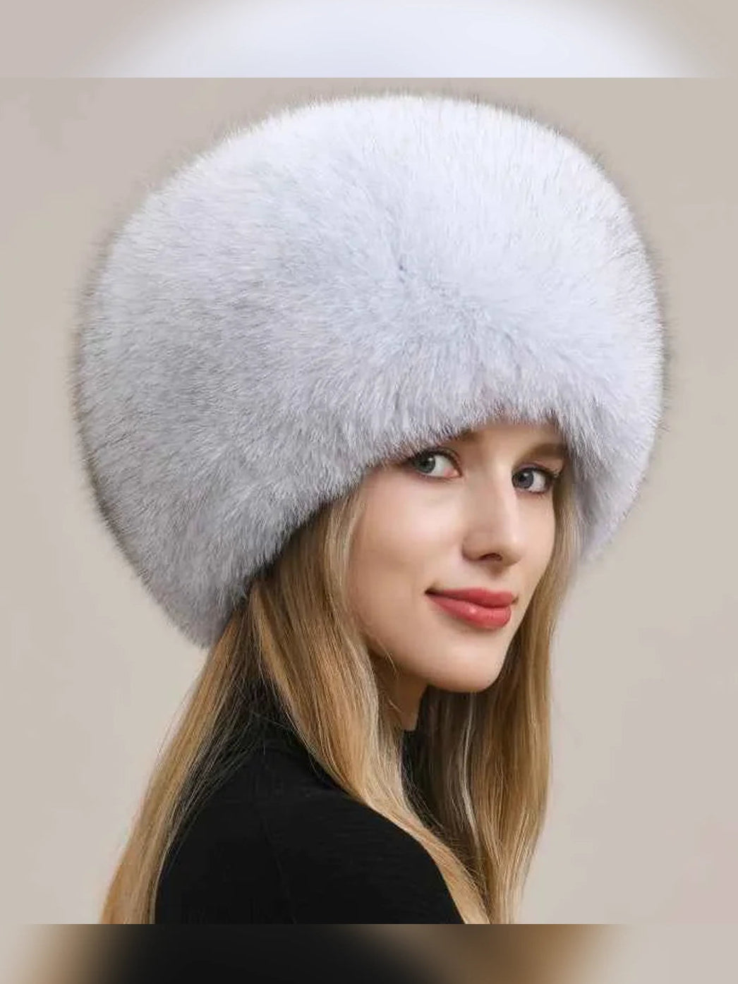 Women's fox fur hat with earmuffs in Blue Fox – styled on model | Firelady Fur