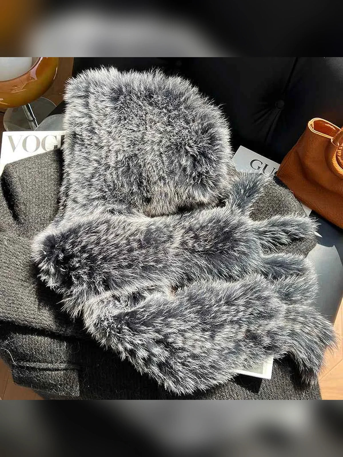 Women's fox fur hooded scarf in Black – product and material detail | Firelady Fur