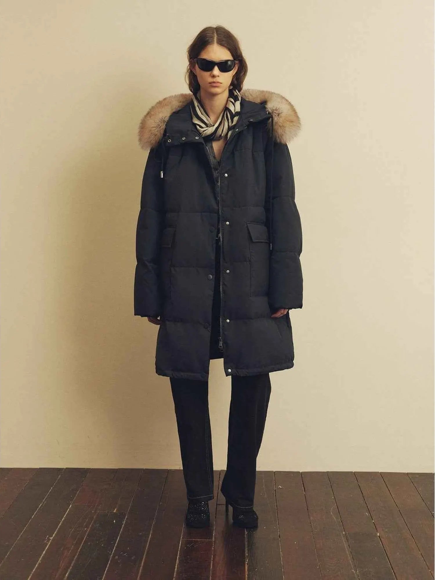 Firelady Fur Blue Winter Style Dark Blue down parka full-body model view with detachable fox fur collar