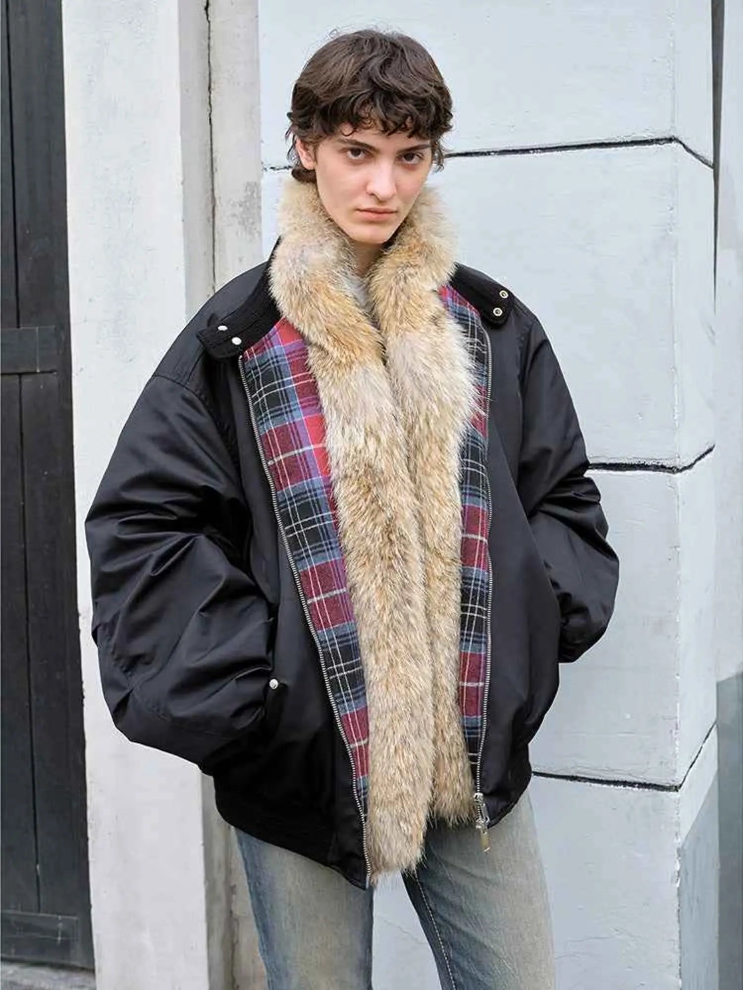 Firelady Fur Urban Warmth women's Black detachable wolf fur collar parka close front view