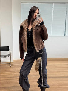 Firelady Fur Wander Free chestnut brown genuine fur denim parka mirror styling