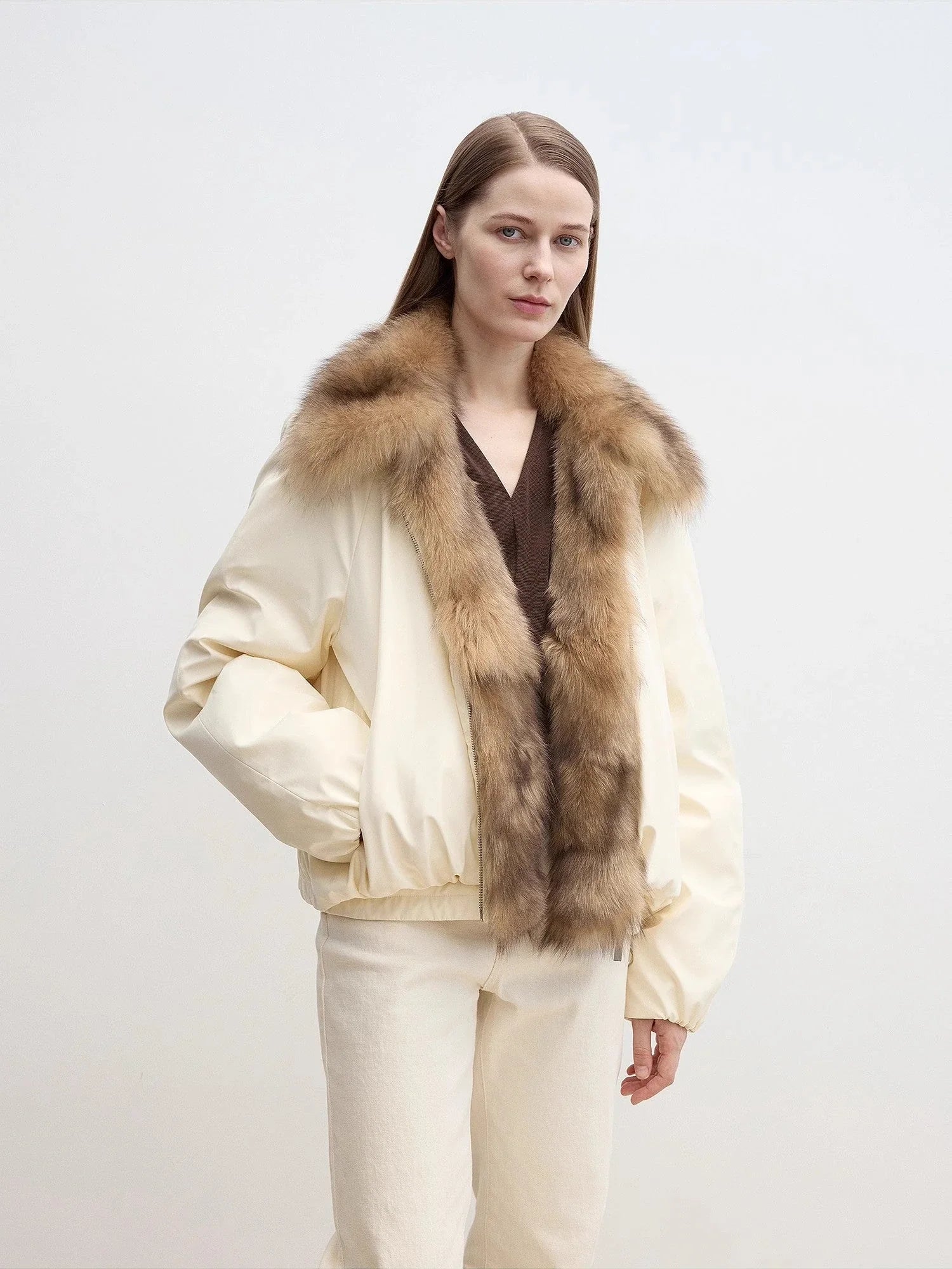 Styled front view of Fireladyfur Day and Night Rider off-white down jacket on model