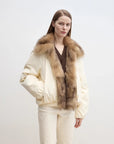 Styled front view of Fireladyfur Day and Night Rider off-white down jacket on model