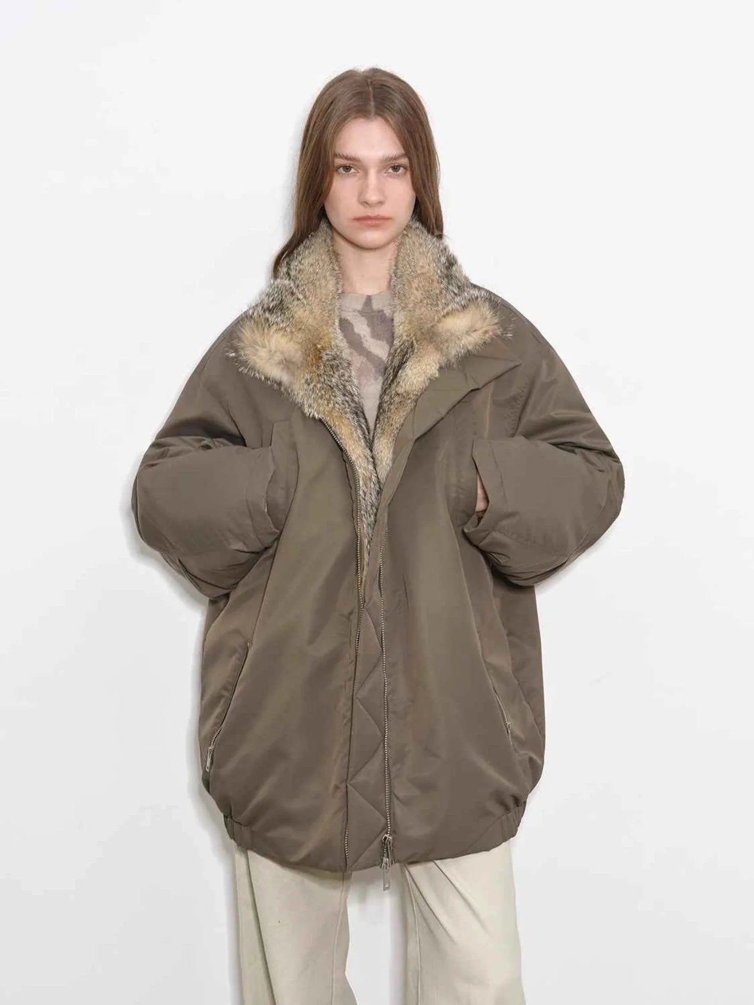 Close front view of Fireladyfur Travel Notes sand green warm winter down jacket with fox fur collar