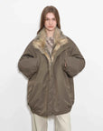 Close front view of Fireladyfur Travel Notes sand green warm winter down jacket with fox fur collar
