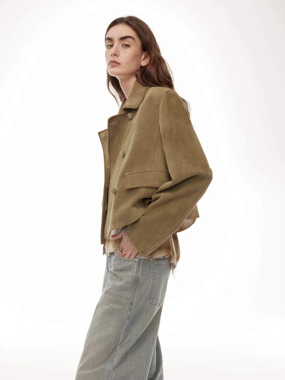 Nth power sand brown suede leather jacket side view