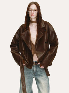 Firelady Fur Peninsula Black Tea waxed sheepskin biker coat styled view