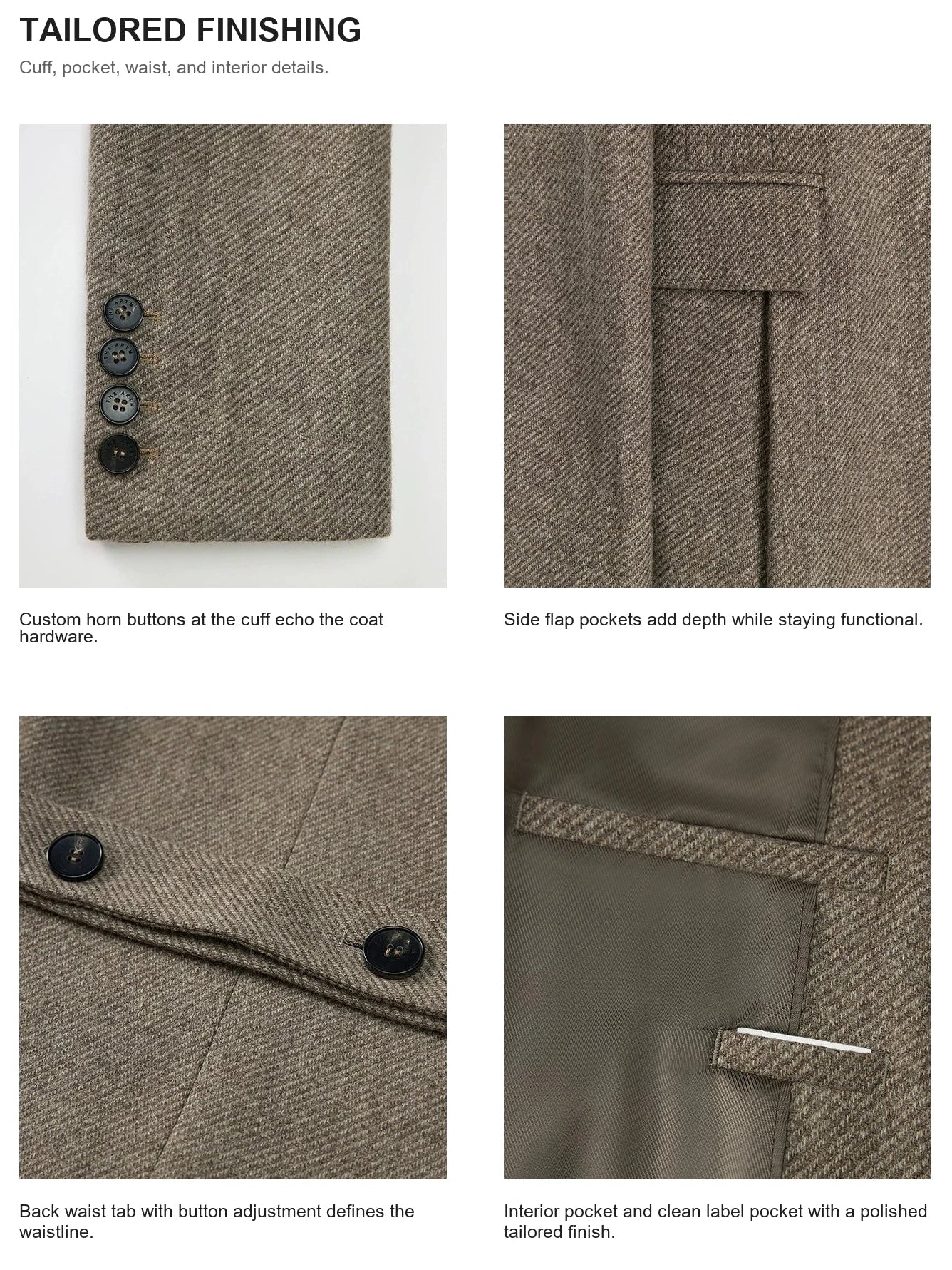 Horn-button cuff flap pocket and back waist belt details on THE ARTM wool coat