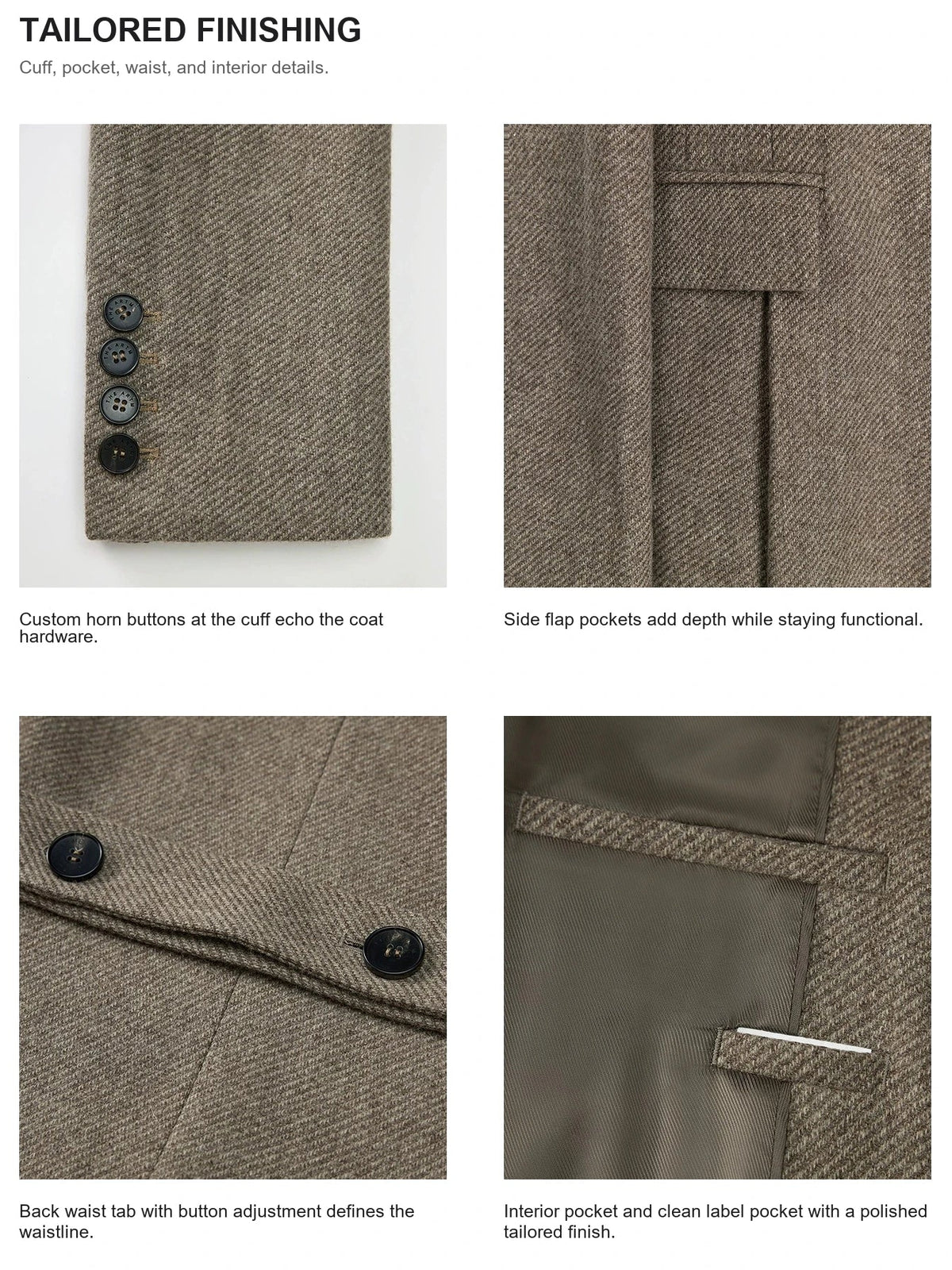 Horn-button cuff flap pocket and back waist belt details on THE ARTM wool coat
