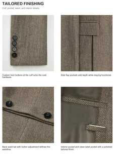 Horn-button cuff flap pocket and back waist belt details on THE ARTM wool coat