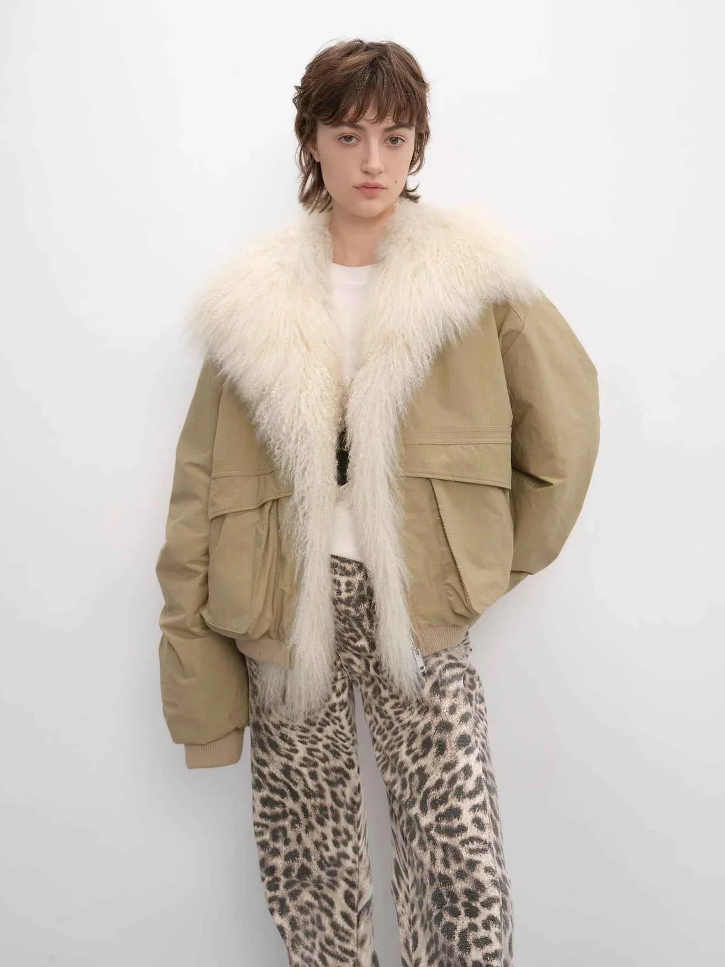 Khaki Fireladyfur Winter is Coming down jacket with detachable silhouette open front model view