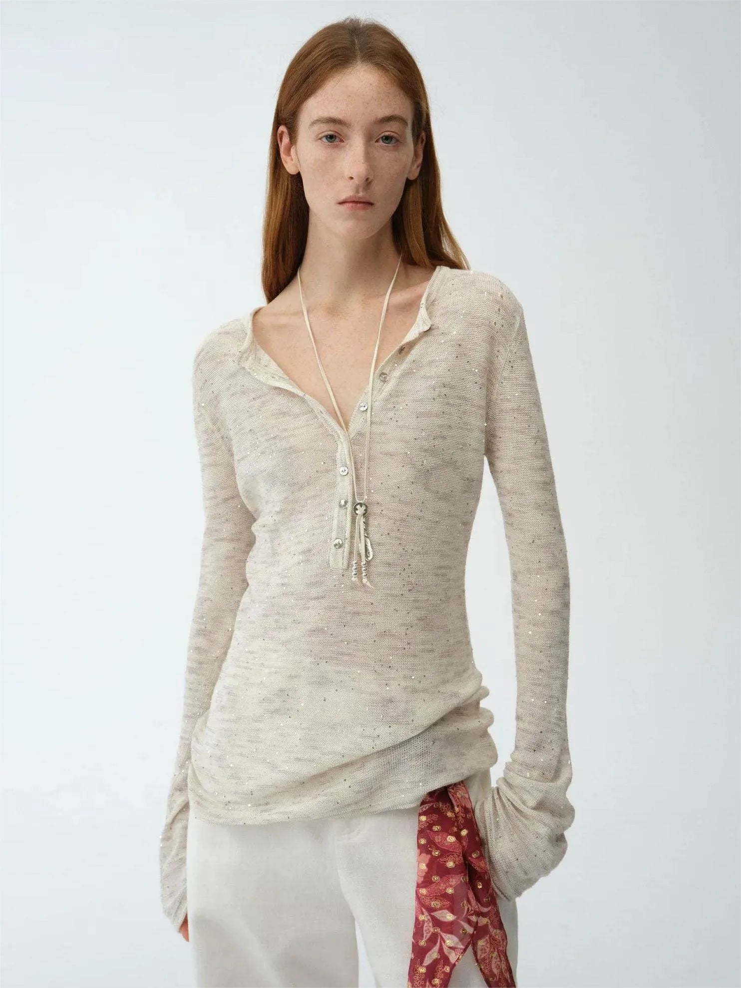 Haut en maille tendance en coton et lin, orné de perles, à manches cloche, taille cintrée et col rond "Perry Moonlight"