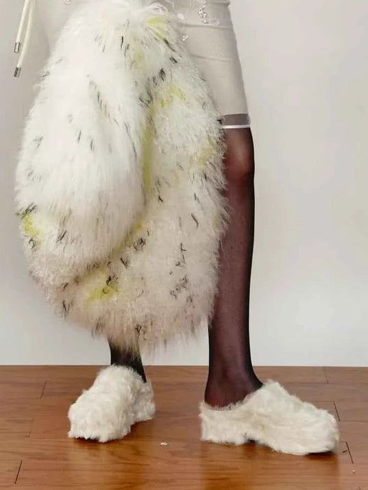 Women's fur-lined platform slip-on sneakers in Milky White – styled on model | Firelady Fur