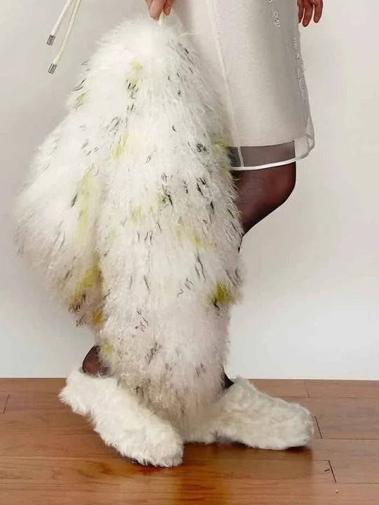 Women's fur-lined platform slip-on sneakers in Milky White – styled on model | Firelady Fur