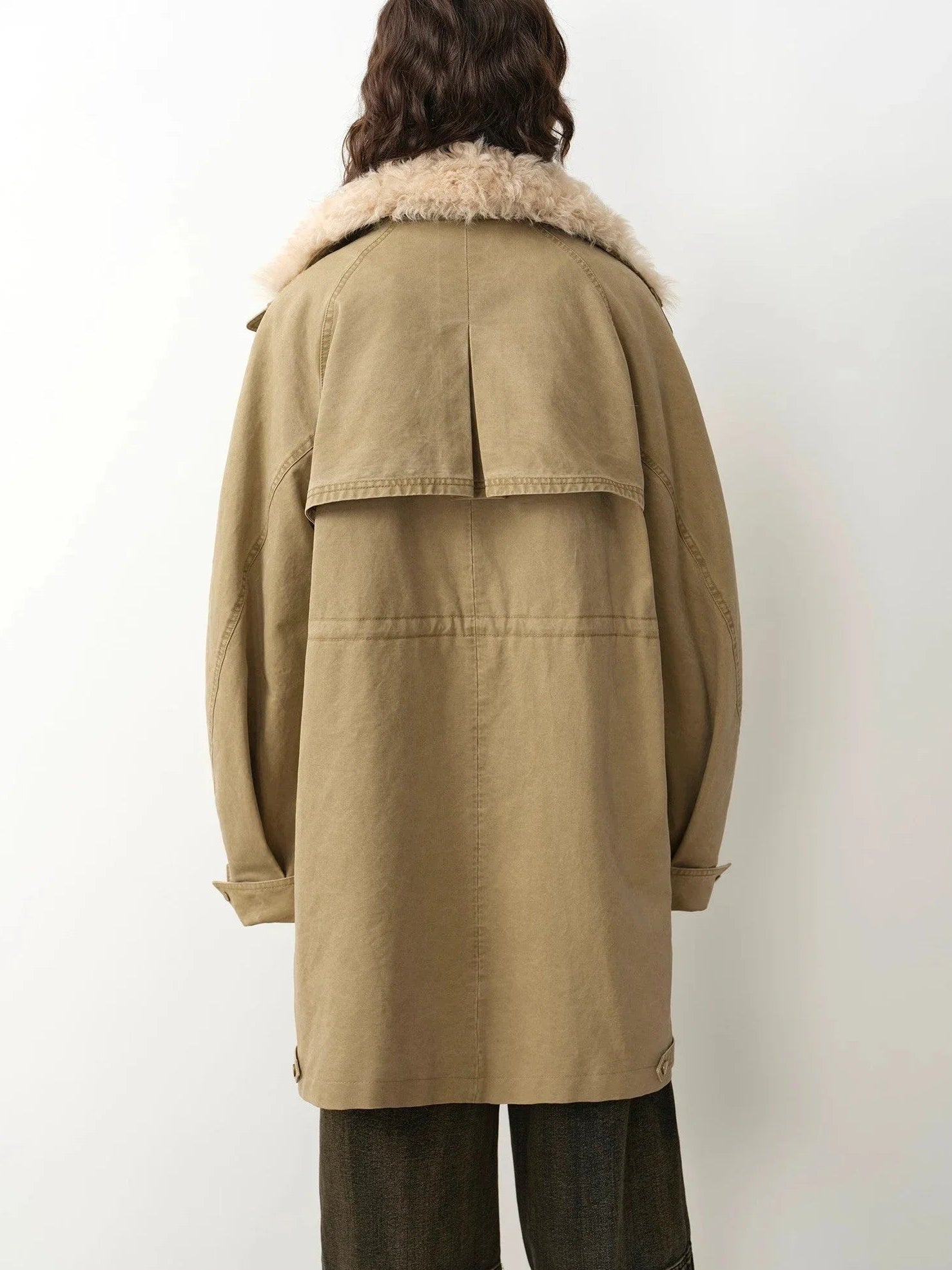 Khaki Sheepskin Fireladyfur Cool Denim detachable goose down parka back view