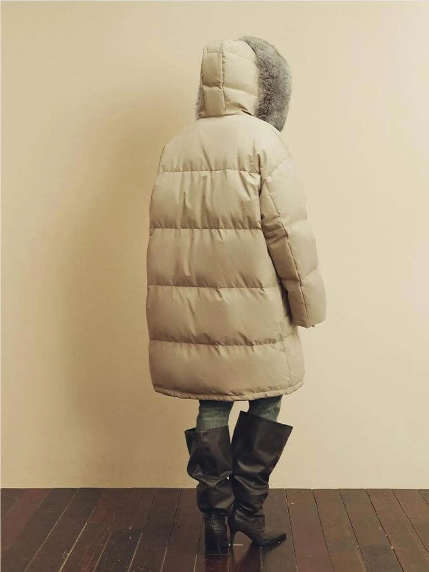 Back view of Firelady Fur Blue Winter Style light apricot goose down parka with detachable fox fur collar
