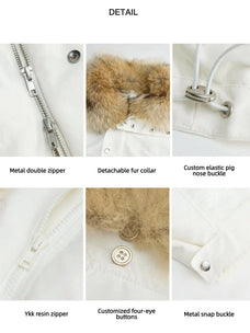 Firelady Fur Epoch Winter white parka design details including zipper fur collar elastic hem and buttons
