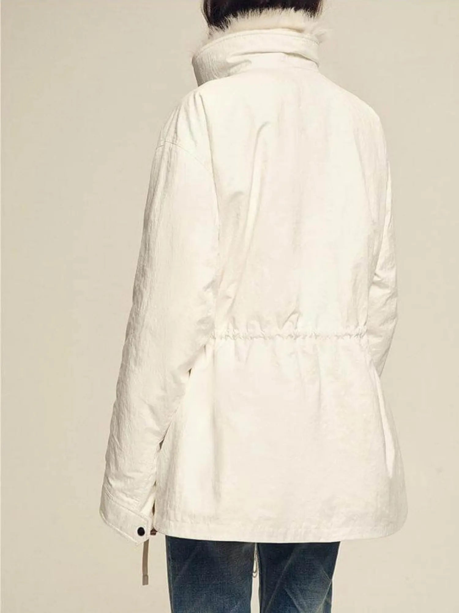 Back view of Firelady Fur Ode to the Stars white down parka with adjustable waist and Tokaj fur collar