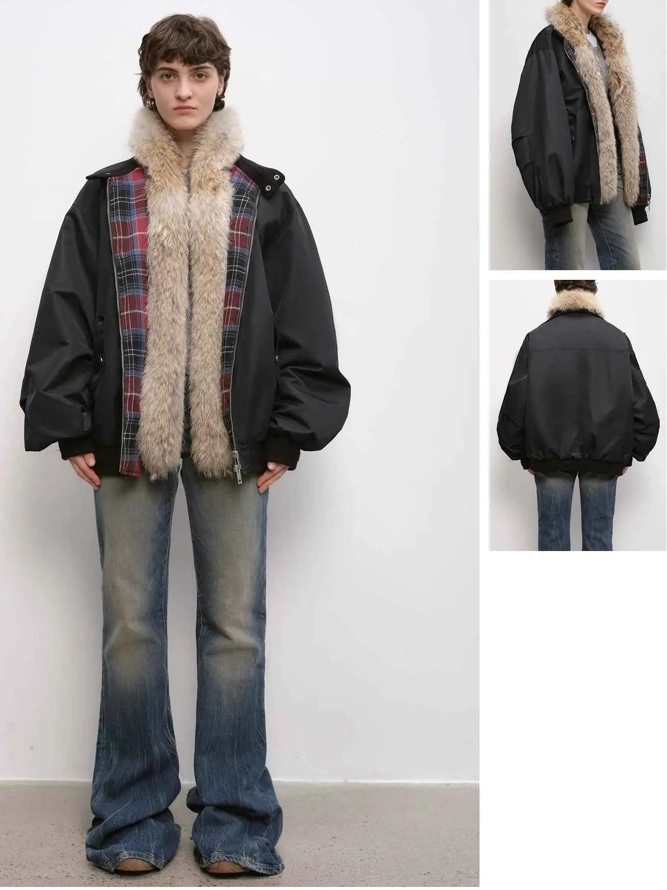 Firelady Fur Urban Warmth women's Black detachable wolf fur collar parka front and back views