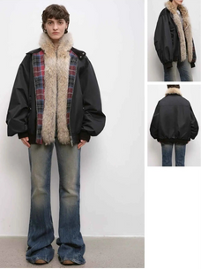 Firelady Fur Urban Warmth women's Black detachable wolf fur collar parka front and back views