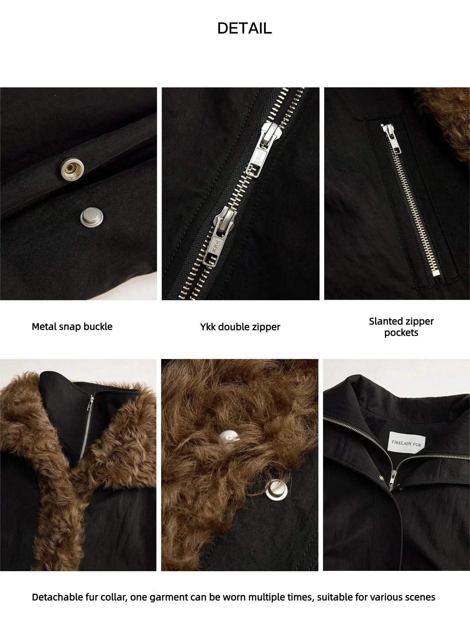 Firelady Fur The Wizard of Oz parka design details including metal snap buckle zipper pockets and detachable fur collar
