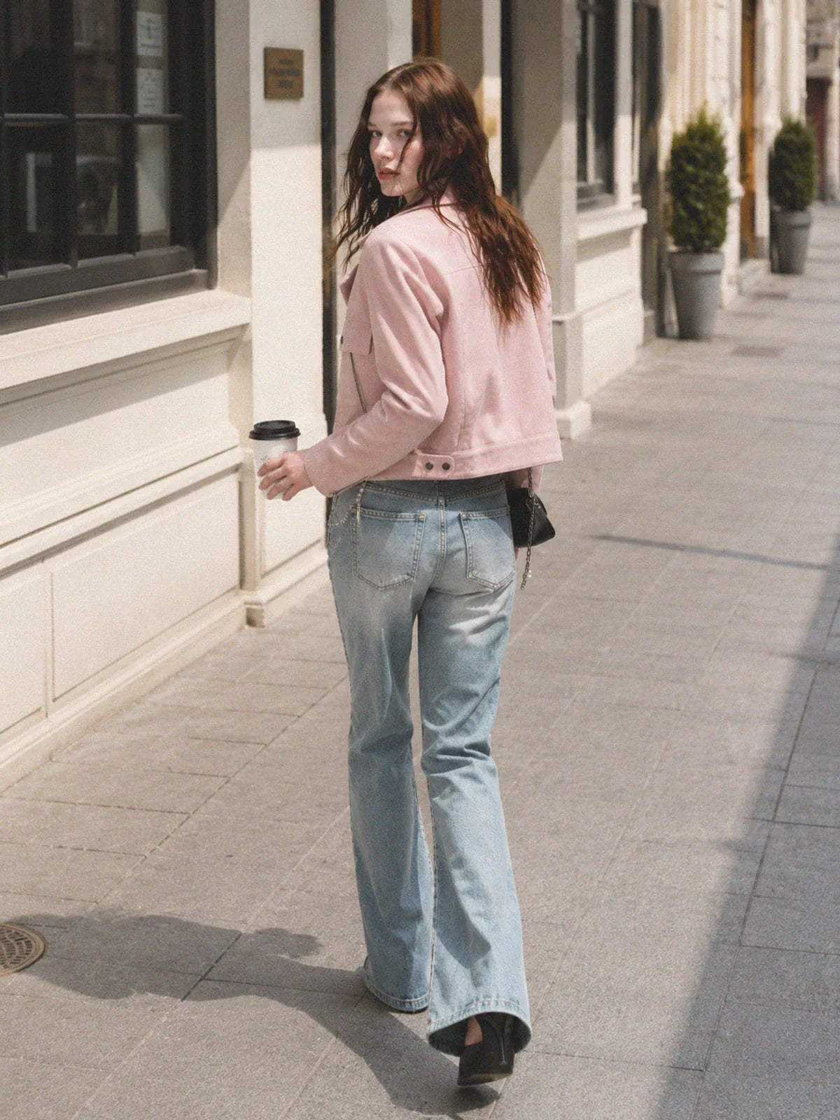 Movie Era suede biker jacket - Pink back street view