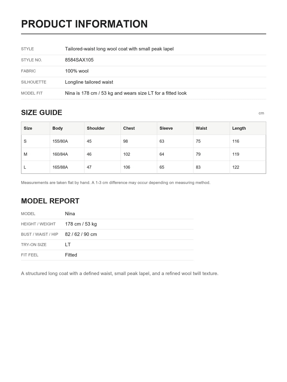 THE ARTM 100% wool peak lapel long coat size guide and product details