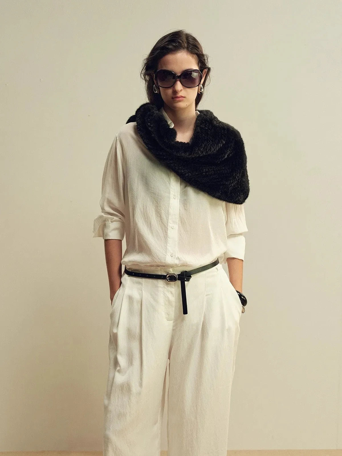 Women's mink fur triangle scarf in Black – styled on model | Firelady Fur