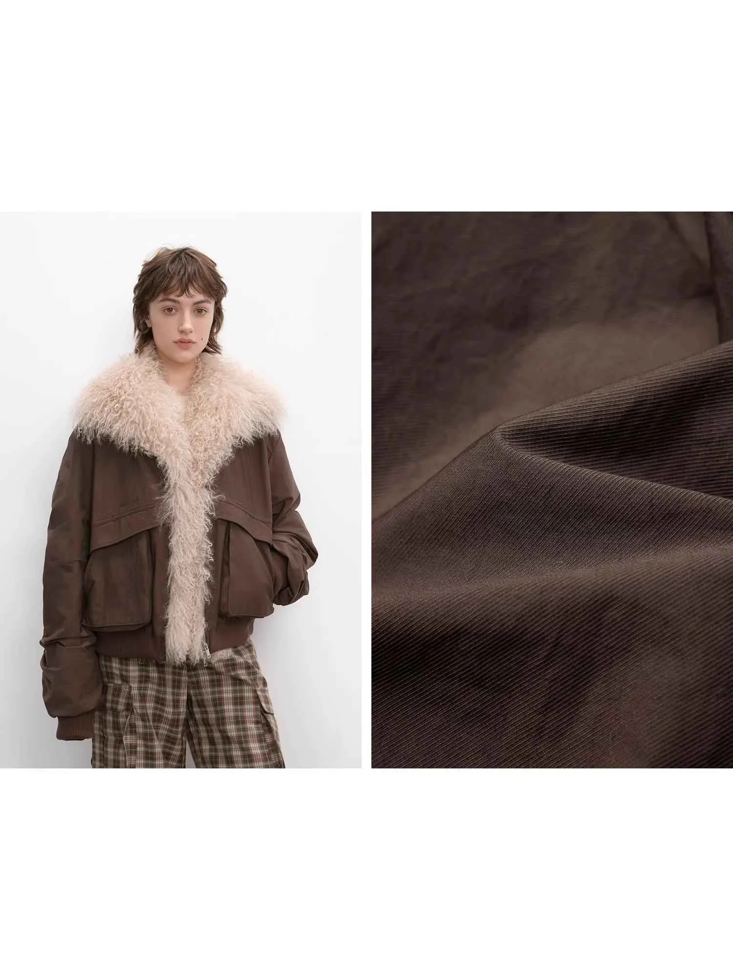Brown Fireladyfur Winter is Coming down parka fabric close up and model detail
