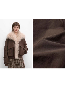 Brown Fireladyfur Winter is Coming down parka fabric close up and model detail