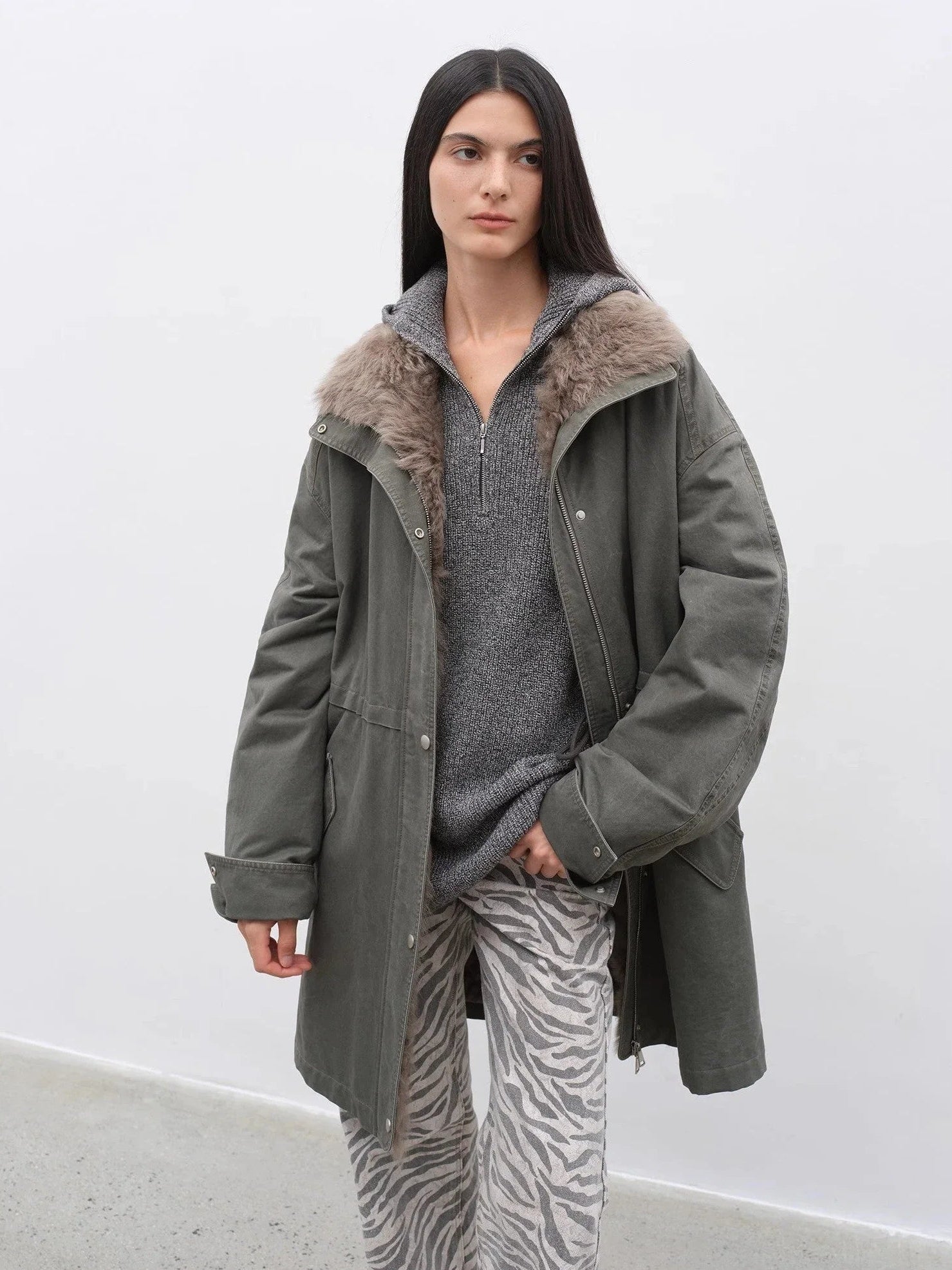 Gray Green Fireladyfur Cool Denim detachable goose down parka open front model view