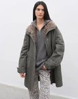 Gray Green Fireladyfur Cool Denim detachable goose down parka open front model view