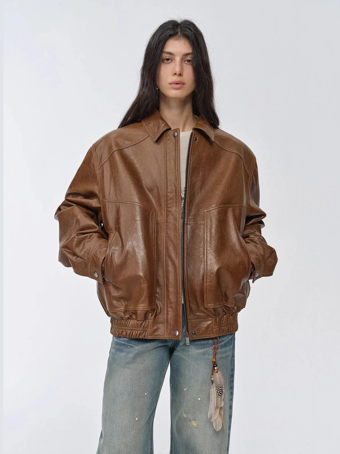 Fashionable Luke yellowish brown waxed leather jacket front view