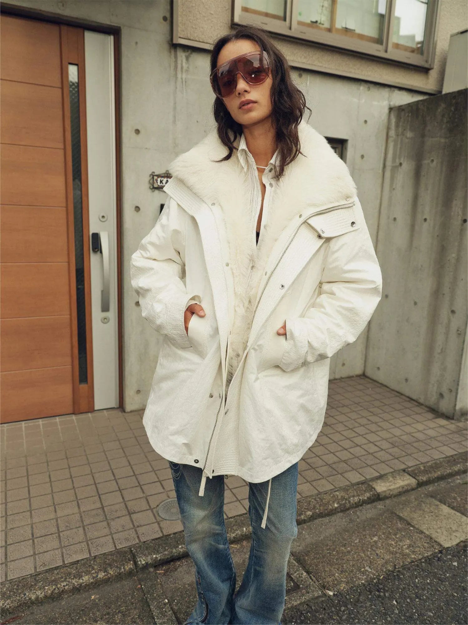 Firelady Fur Ode to the Stars white down parka street style on model with detachable Tokaj fur collar
