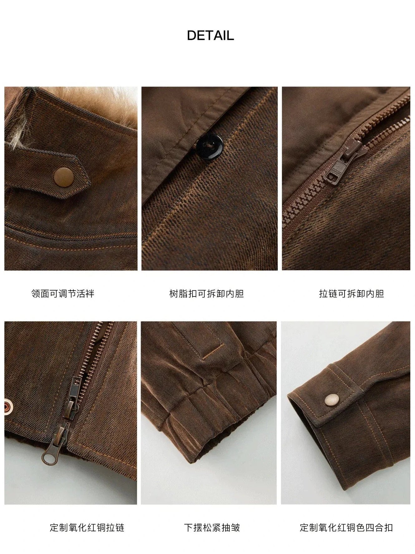 Firelady Fur Wander Free denim parka design details including buttons zipper cuffs and leather texture