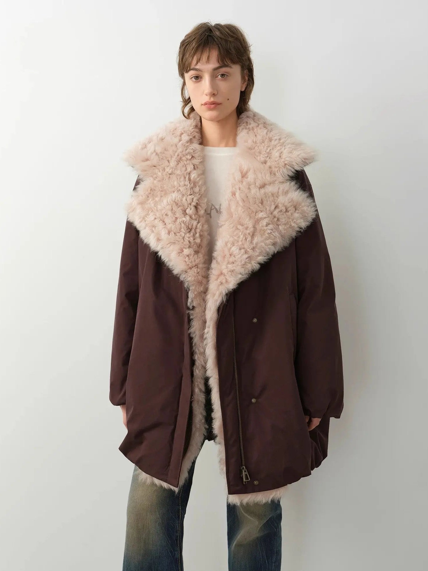 Fireladyfur Modern Introduction women's Brown Purple Tuscan wool collar goose down parka close front view