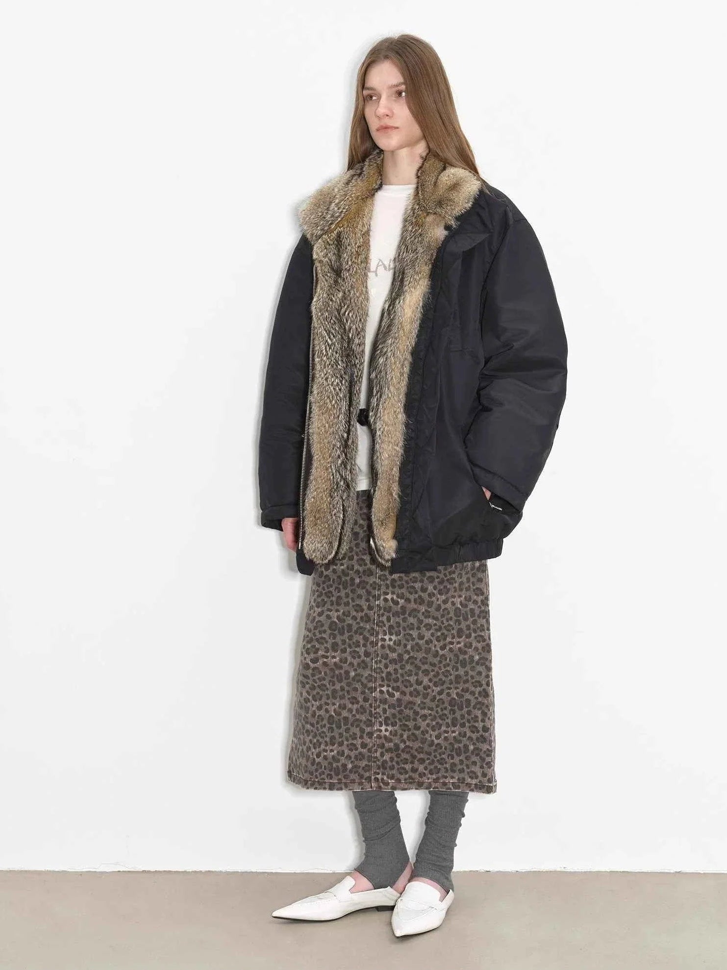Styled full-body view of Fireladyfur Travel Notes black warm winter down jacket with fox fur collar