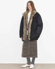 Styled full-body view of Fireladyfur Travel Notes black warm winter down jacket with fox fur collar