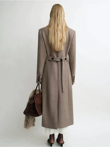 THE ARTM taupe brown belted wool long coat back view