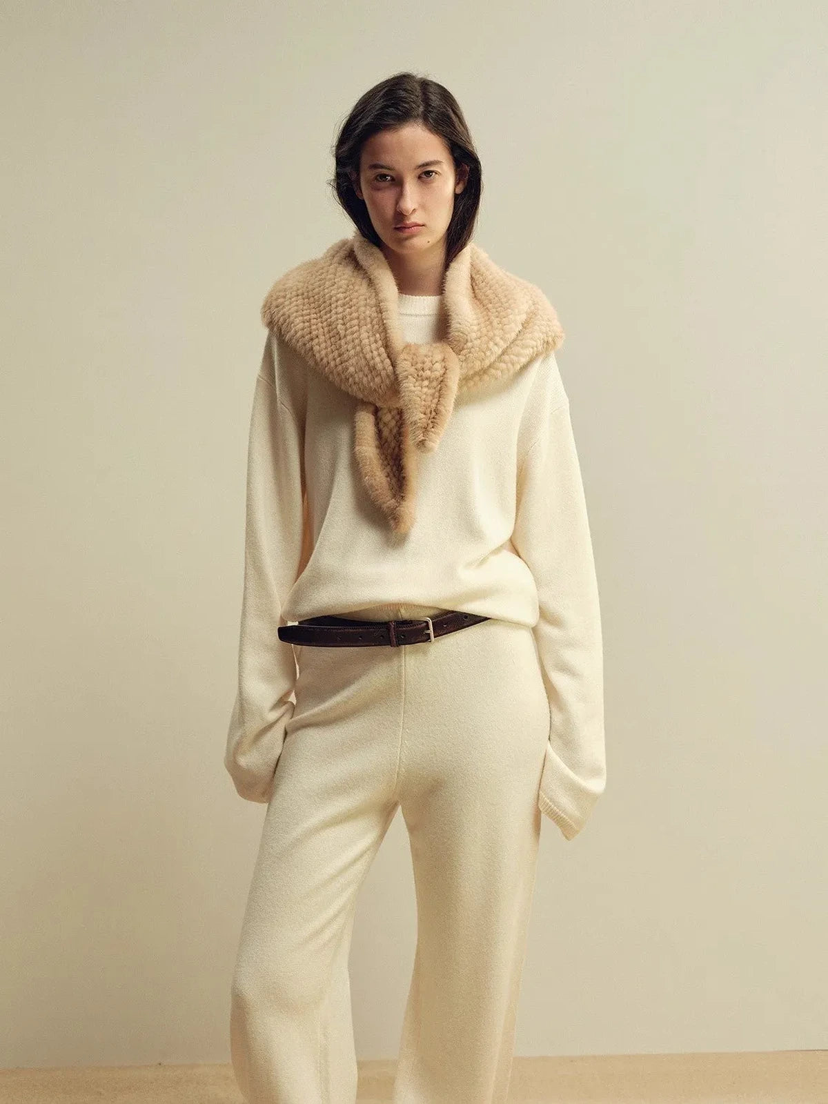 Women's mink fur triangle scarf in Beige – styled on model | Firelady Fur